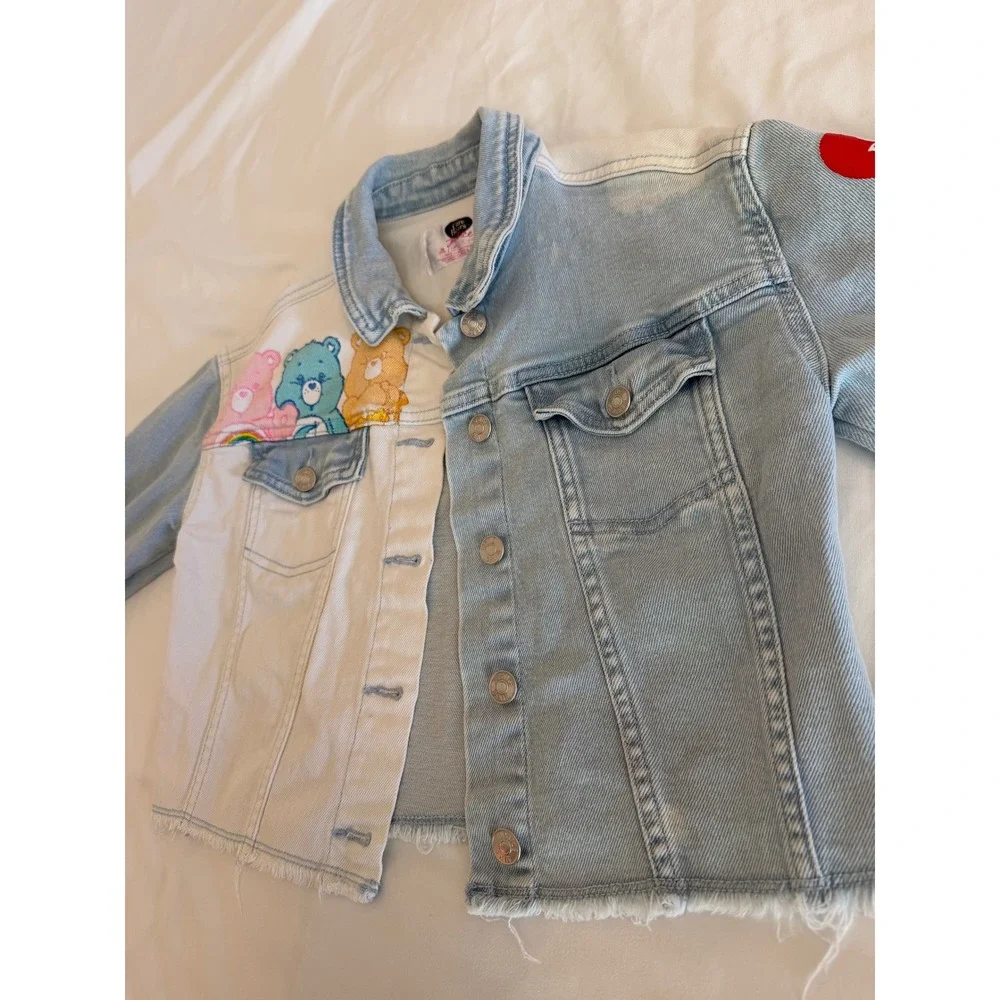Justice Care Bears Girls Denim Jacket Blue White Colorblock Frayed Hem Size 7/8